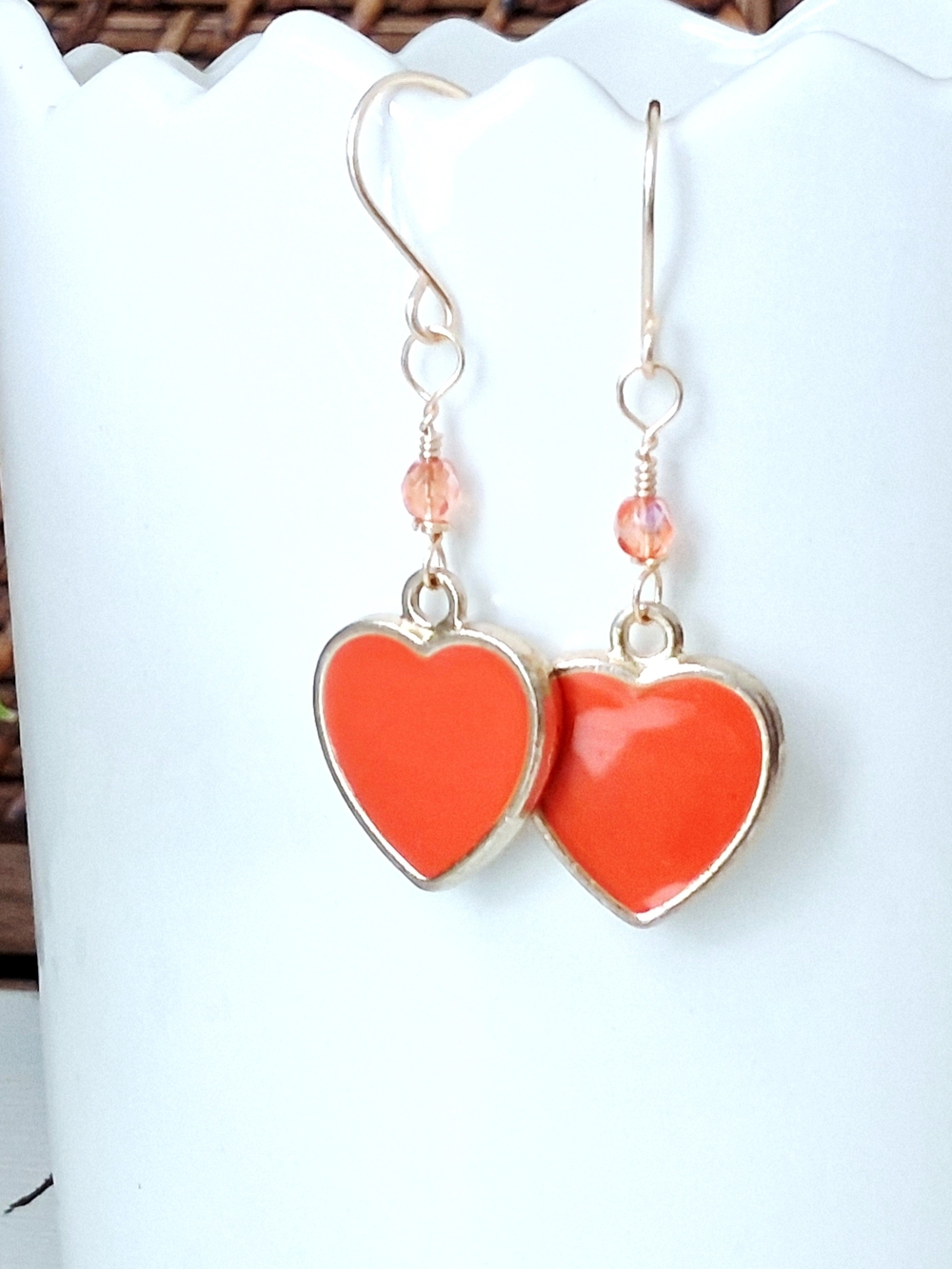 Gold Heart Drop Earrings with Orange Enamel & Czech Glass Accents